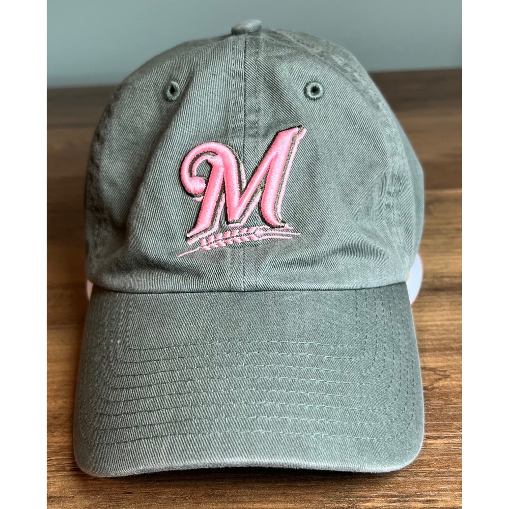 47 Brand Milwaukee Brewers MLB Hat Womens Olive Green Pink Embroidered Cap